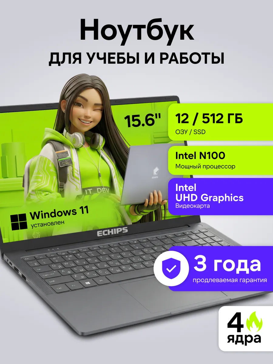 Ноутбук для работы и учебы 15,6" 12/512 GB